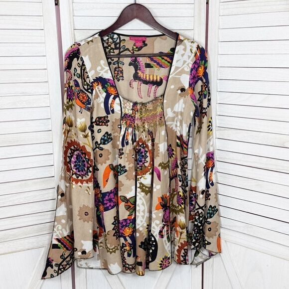 Mystery Mexican Print Smocked Top Bell Sleeve Tunic Shirt Tan Multi Medium - Picture 9 of 13